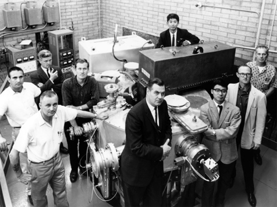 Ohkawa, in back, and his research team circa 1960s with the Toroidal Multipole